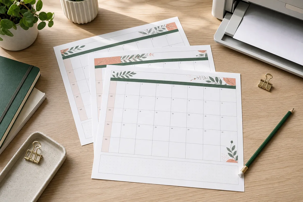 Hojas de calendario mensual impresas junto a una impresora y material de escritorio