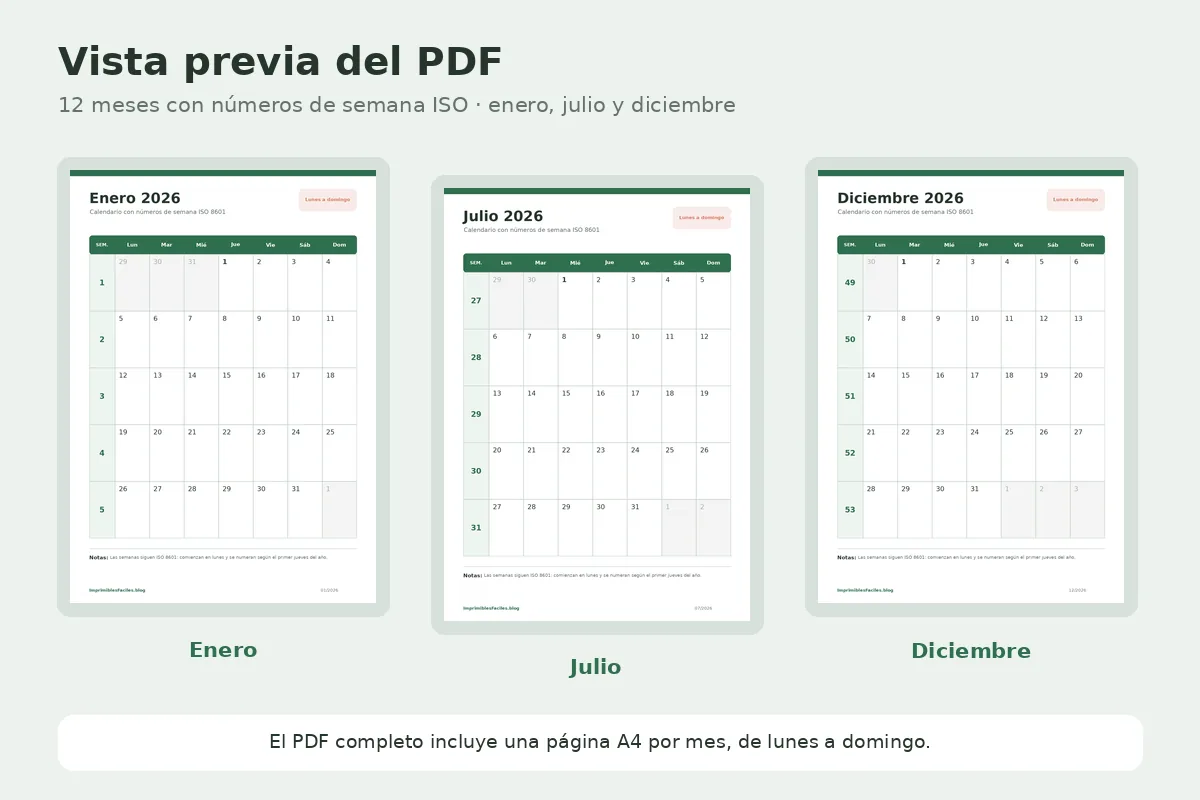 Vista previa real de enero, julio y diciembre del calendario 2026 con semanas ISO