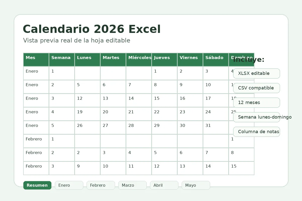 Vista previa real del calendario 2026 Excel con tabla editable y pestañas de meses