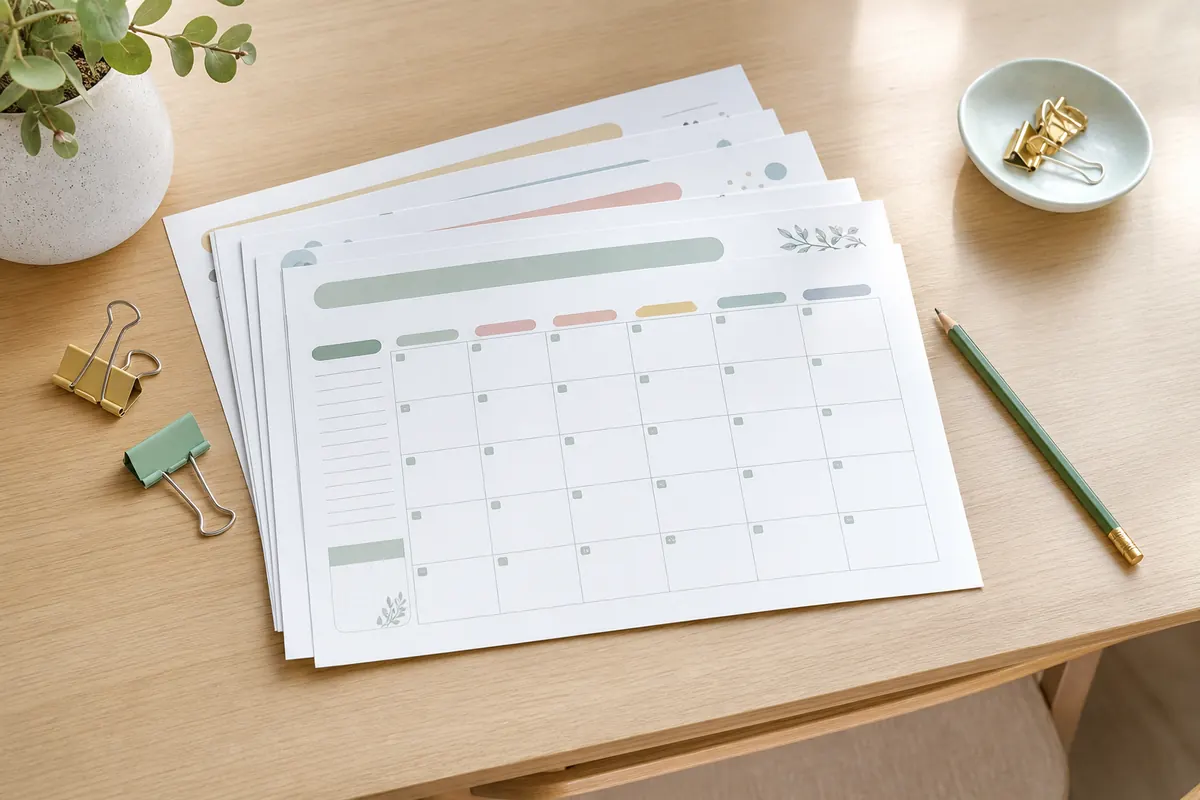 Calendario 2026 imprimible en hojas A4 sobre un escritorio ordenado