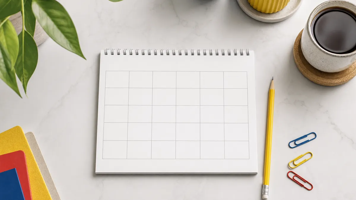 Calendario mensual en blanco sobre un escritorio con detalles amarillos, azules y rojos