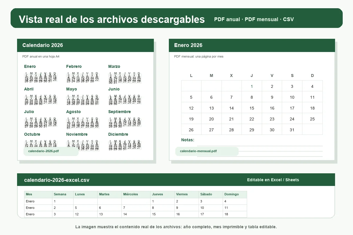 Vista previa real del calendario 2026 descargable con PDF anual, PDF mensual y CSV editable