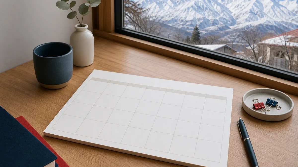 Planificador mensual en blanco junto a una ventana con los Andes nevados en invierno