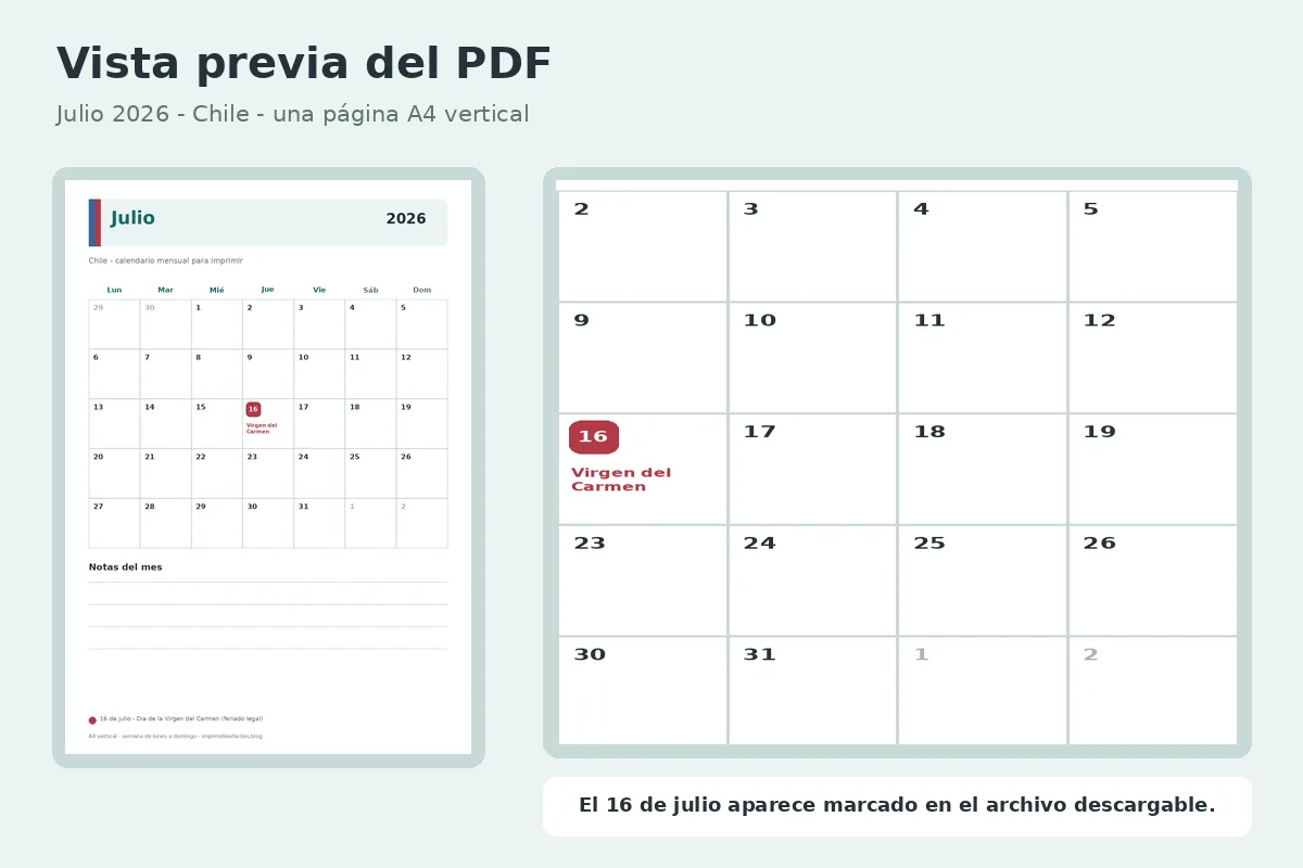 Vista previa real del calendario julio 2026 Chile en PDF A4