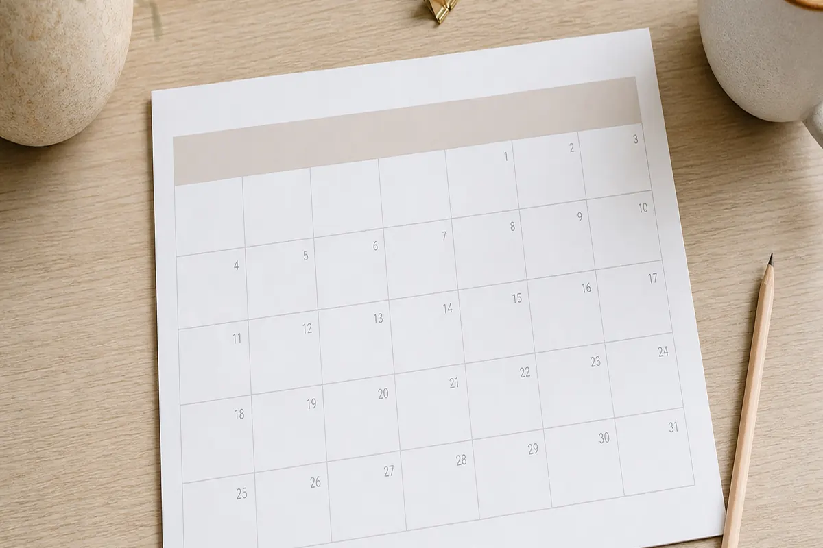 Calendario de mayo 2026 impreso en papel A4 sobre un escritorio claro