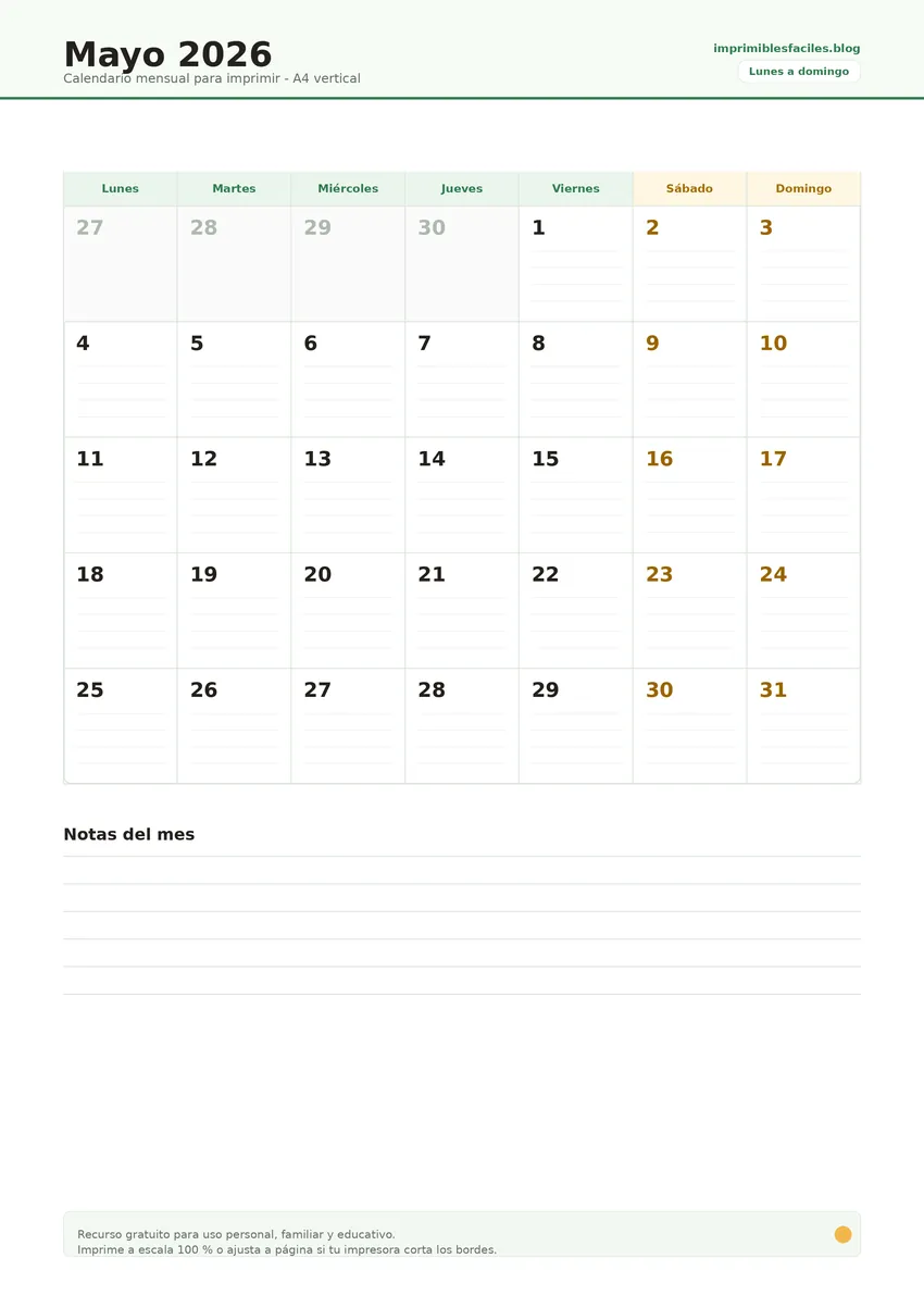 Página real del calendario de mayo 2026 con cuadrícula mensual y notas