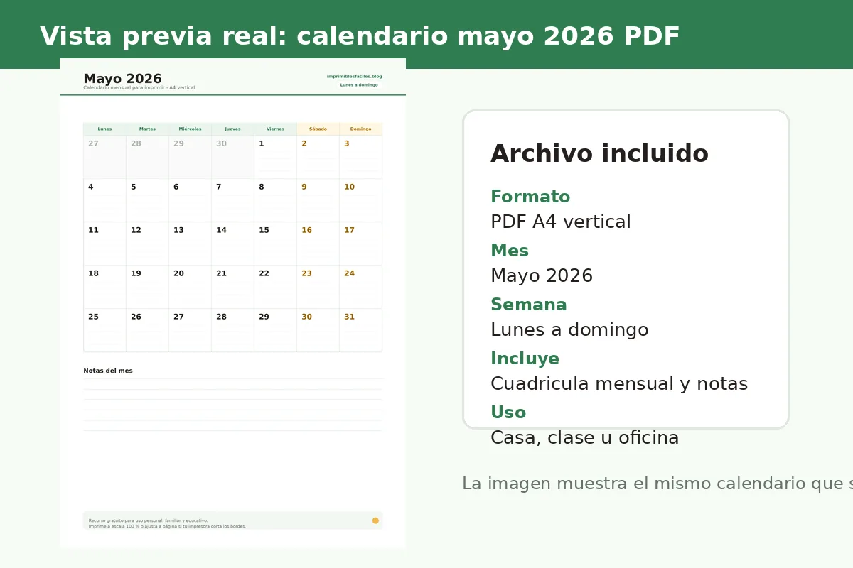 Vista previa real del calendario mayo 2026 en PDF A4 para imprimir