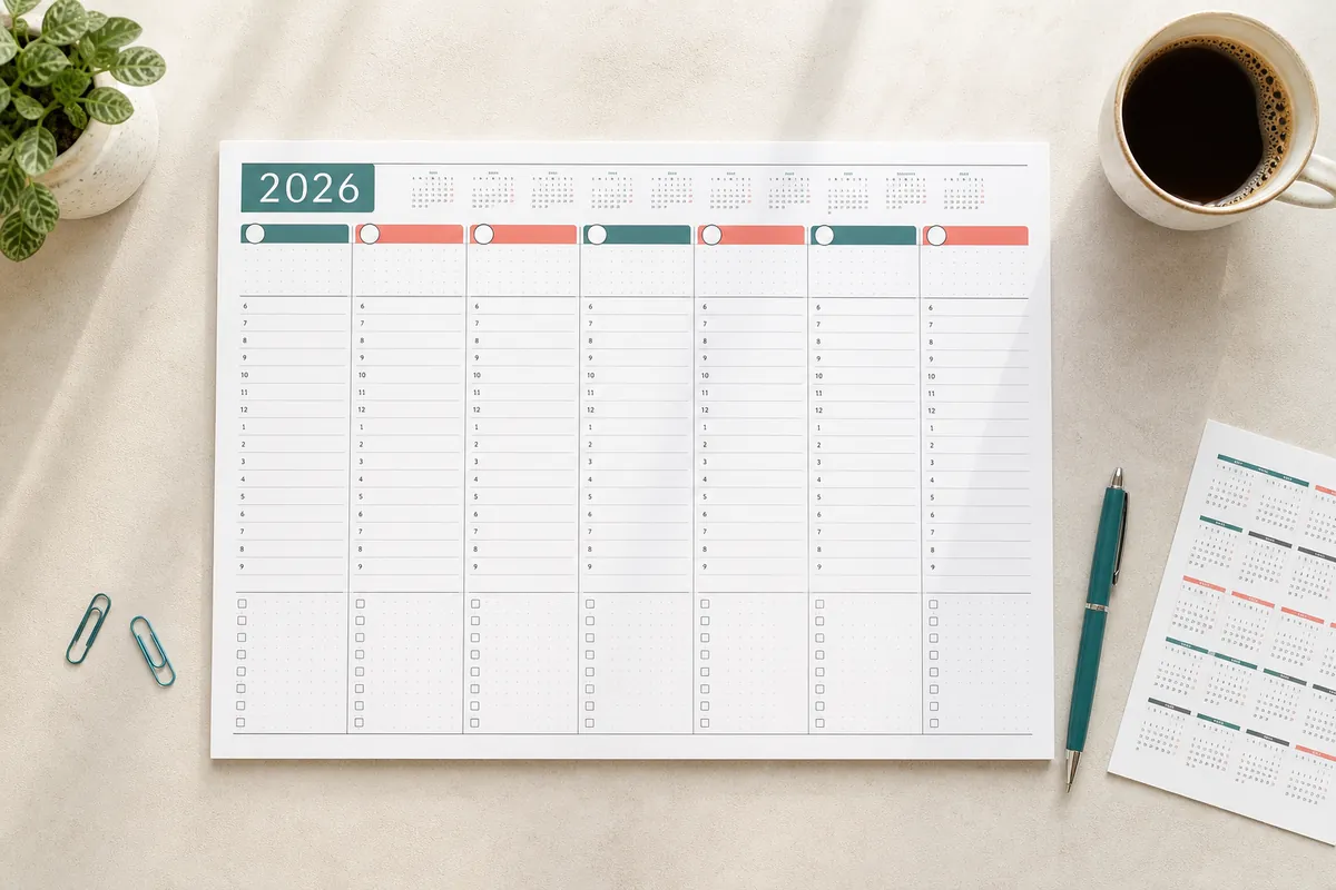 Planificador semanal de 2026 con siete columnas sobre un escritorio claro