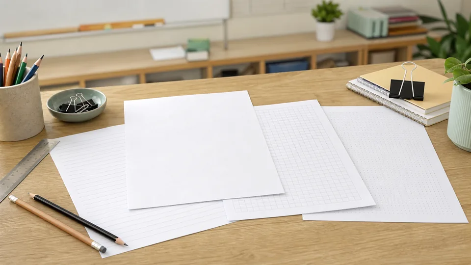 Hojas A4 imprimibles sobre una mesa con lápices, regla y clips de clase