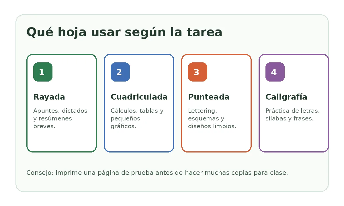 Guía visual para elegir hoja rayada, cuadriculada, punteada o de caligrafía según la tarea