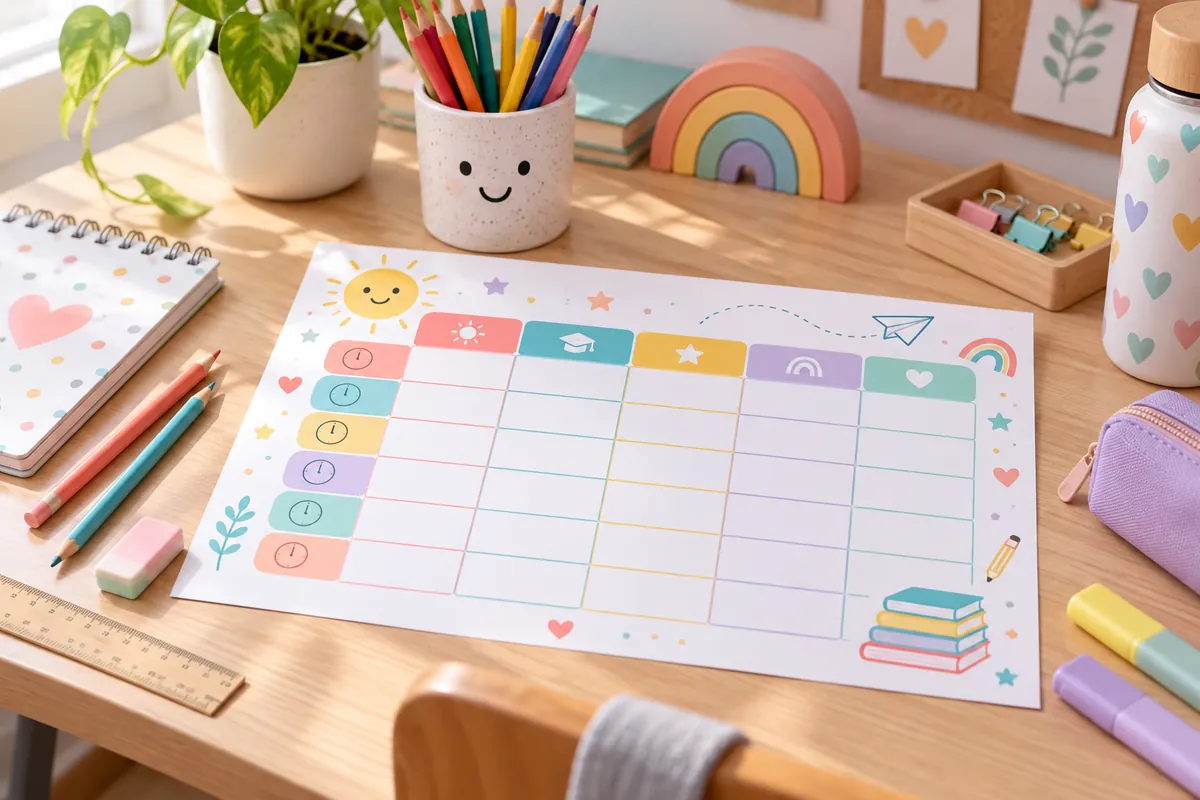 Horario escolar bonito sobre un escritorio infantil con lápices de colores