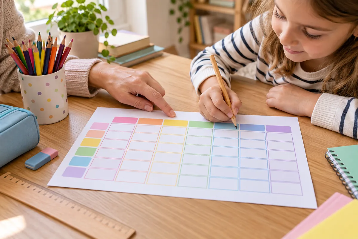 Persona adulta y niña rellenando a mano un horario escolar colorido