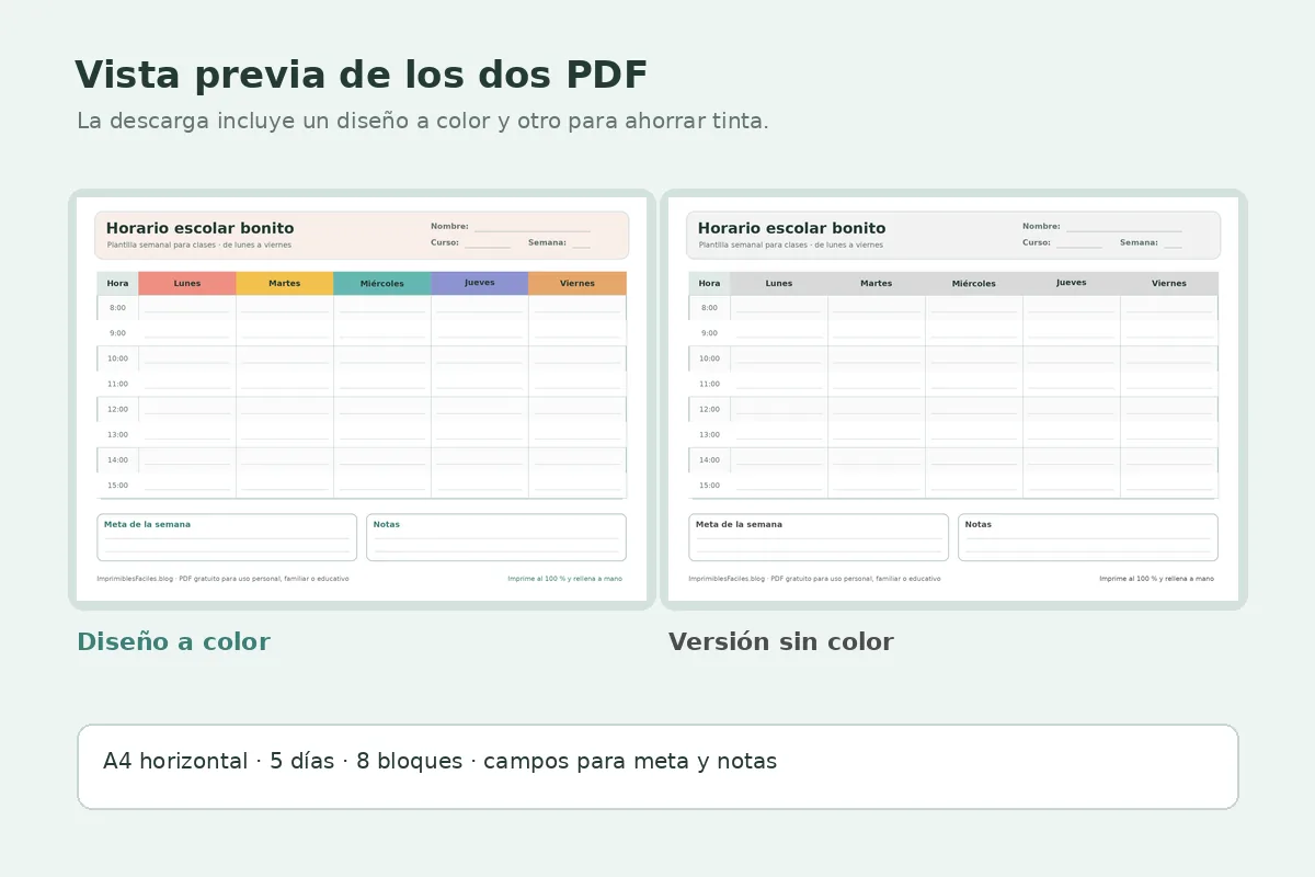 Vista previa real de los dos PDF del horario escolar bonito, a color y sin color