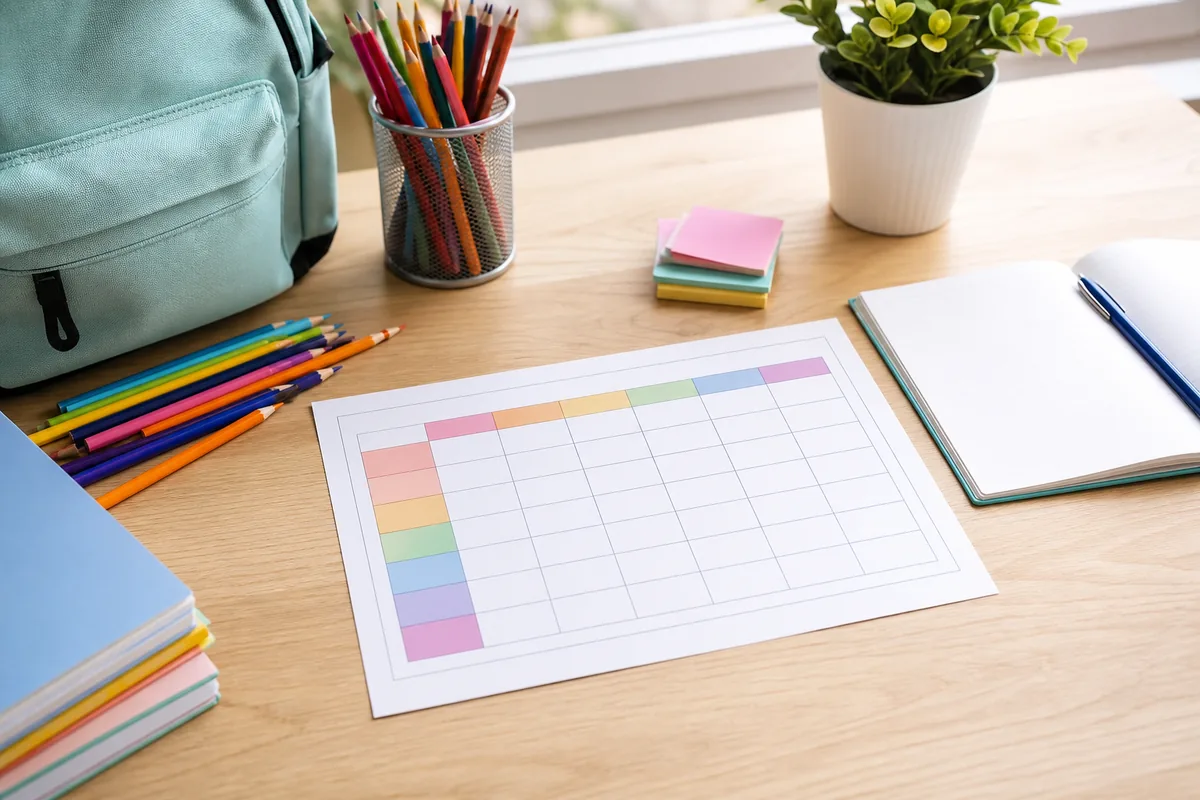 Horario escolar impreso en una mesa de estudio con lápices y cuaderno
