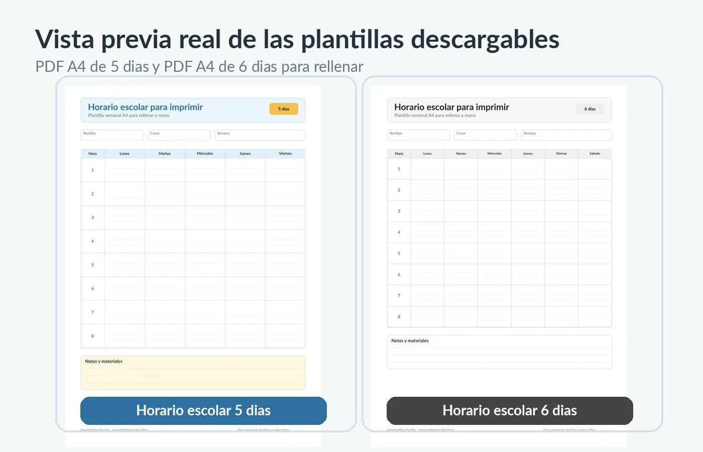 Vista previa real de los PDFs de horario escolar de 5 días y 6 días para imprimir