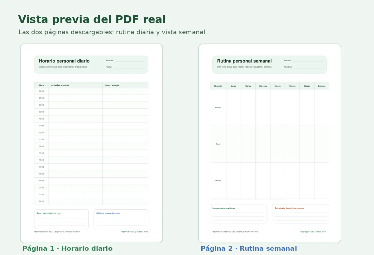 Vista previa real de las dos páginas A4 del horario personal en PDF