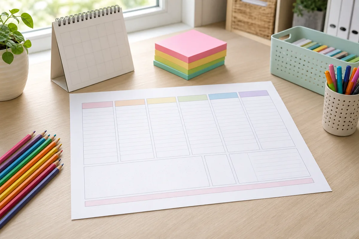 Planificador semanal imprimible en una mesa clara con lápices y notas de colores