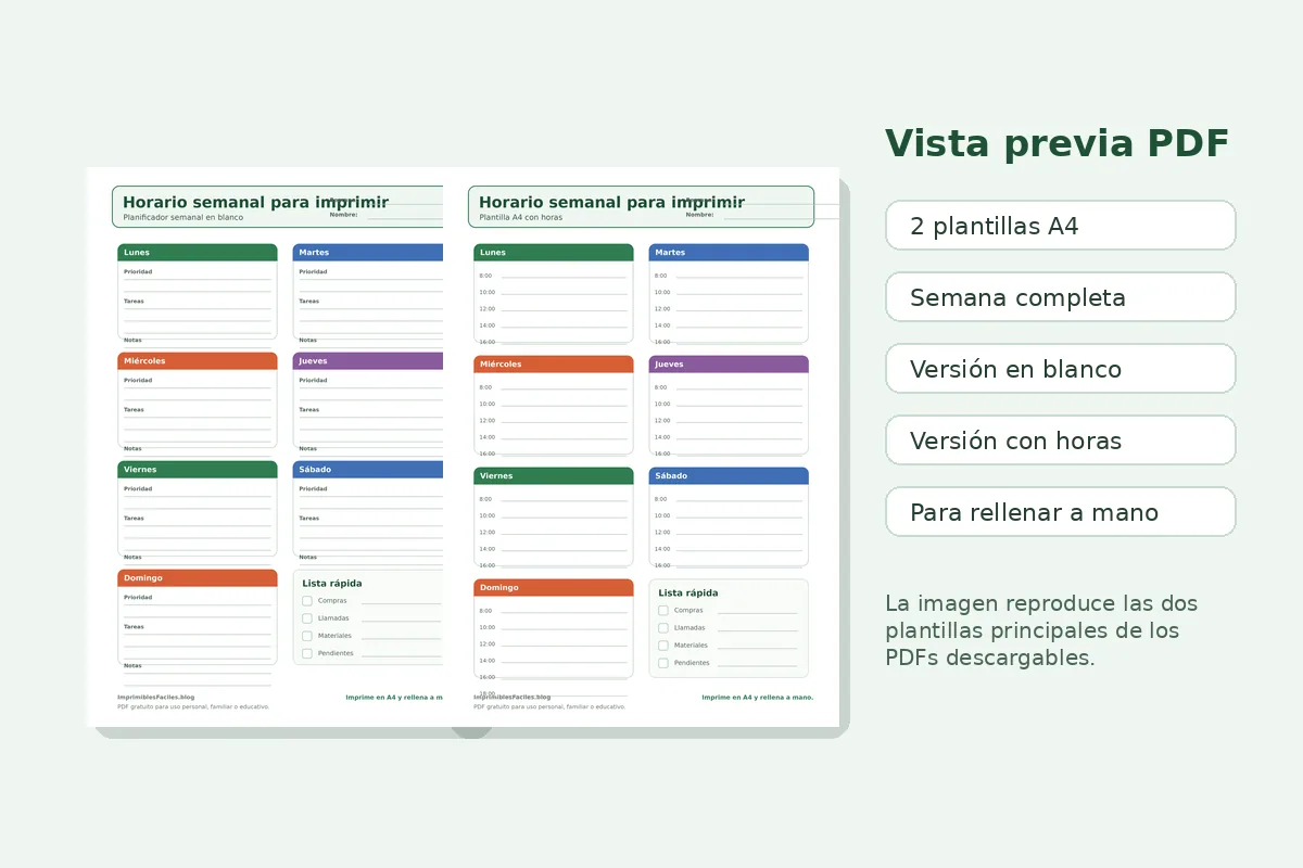 Vista previa real de los PDFs de horario semanal para imprimir en A4