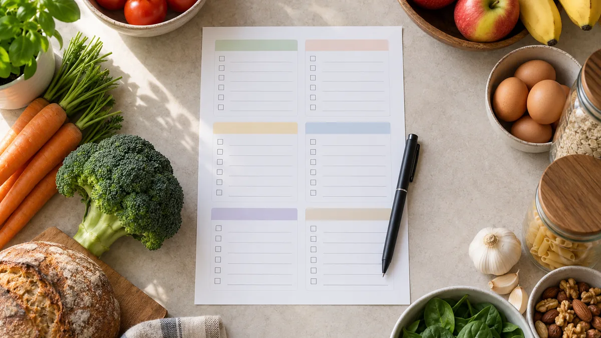 Lista de compras imprimible junto a frutas, verduras y productos de despensa