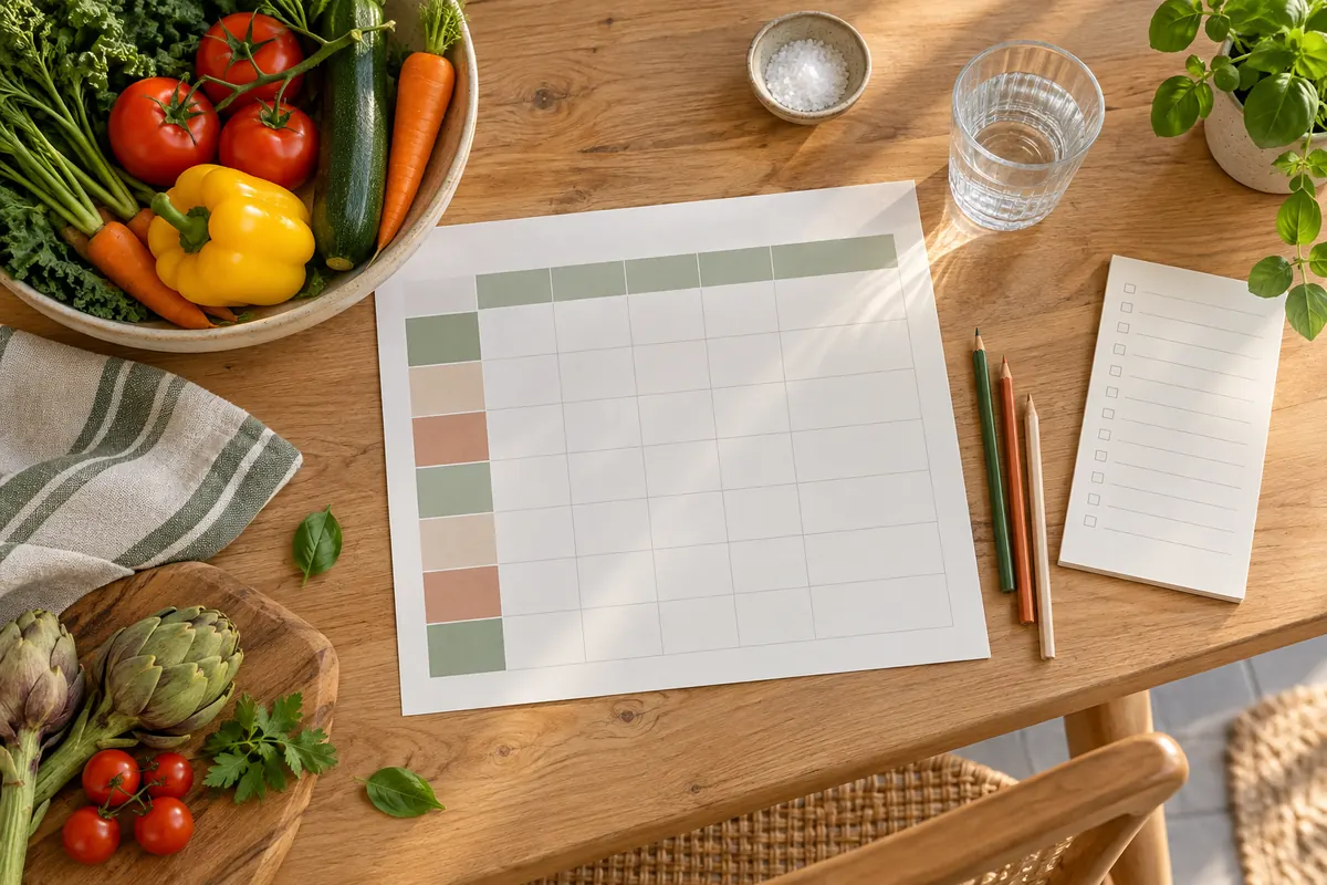 Mesa de cocina con una plantilla de menú semanal en blanco y verduras frescas