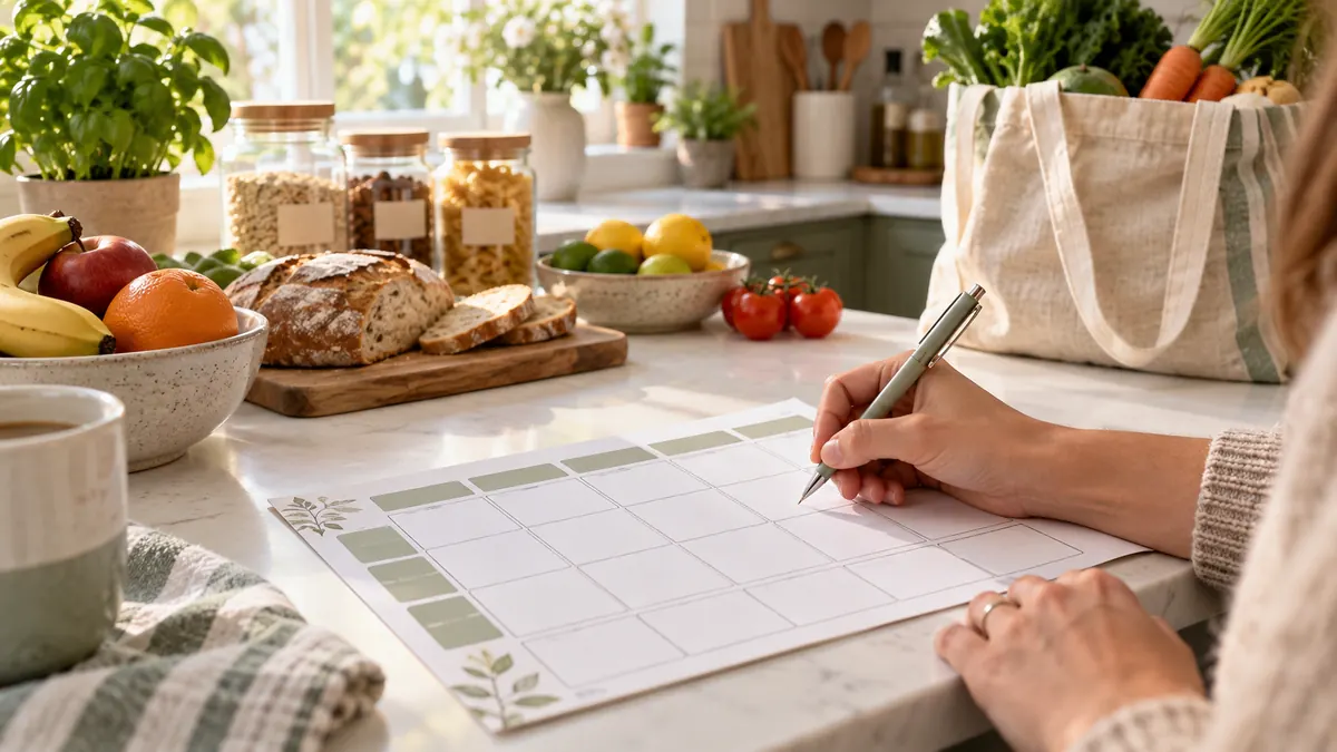 Persona escribiendo un menú semanal impreso en una cocina con ingredientes preparados