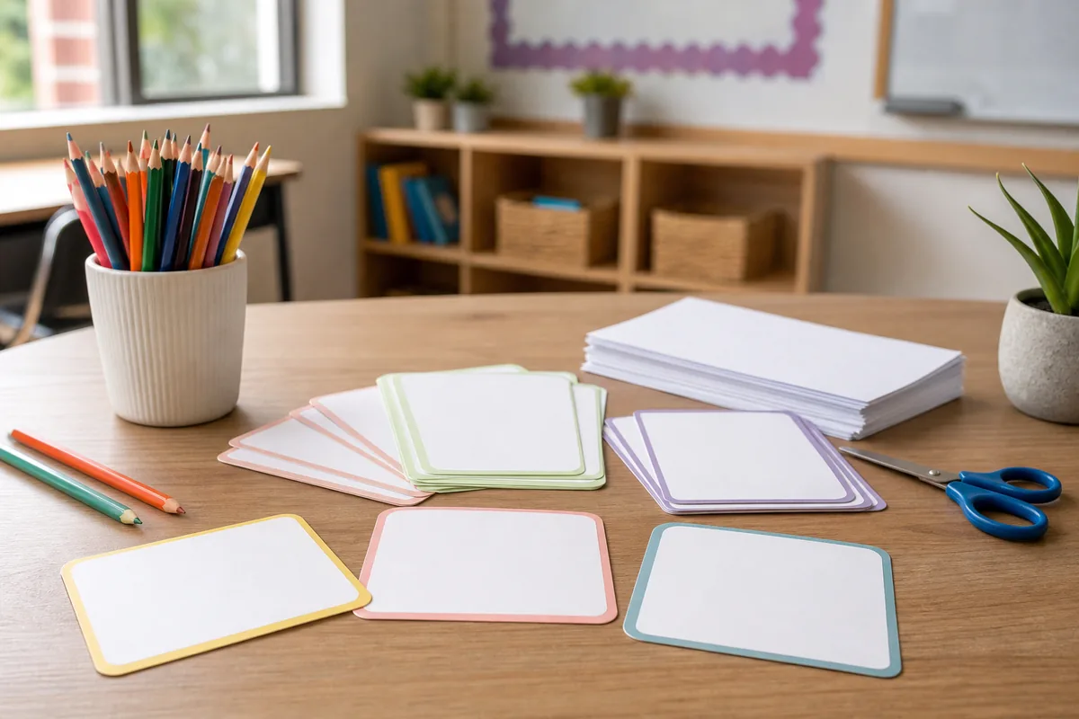 Mesa de clase con flashcards imprimibles en blanco, lápices de colores y hojas A4