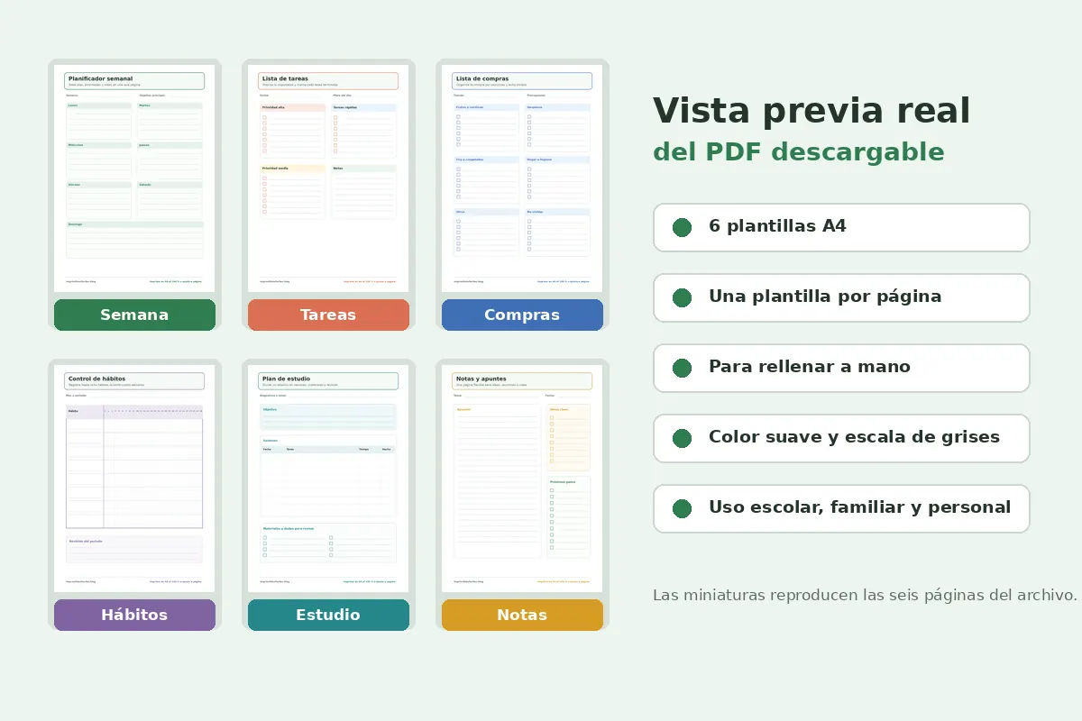 Vista previa real de las seis páginas del PDF de plantillas para imprimir gratis