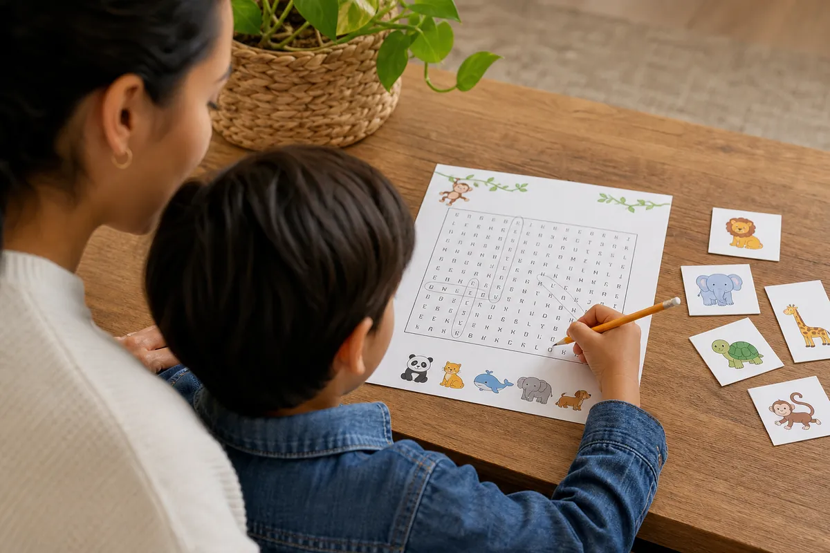 Adulto y niño resolviendo una actividad de animales impresa con tarjetas ilustradas