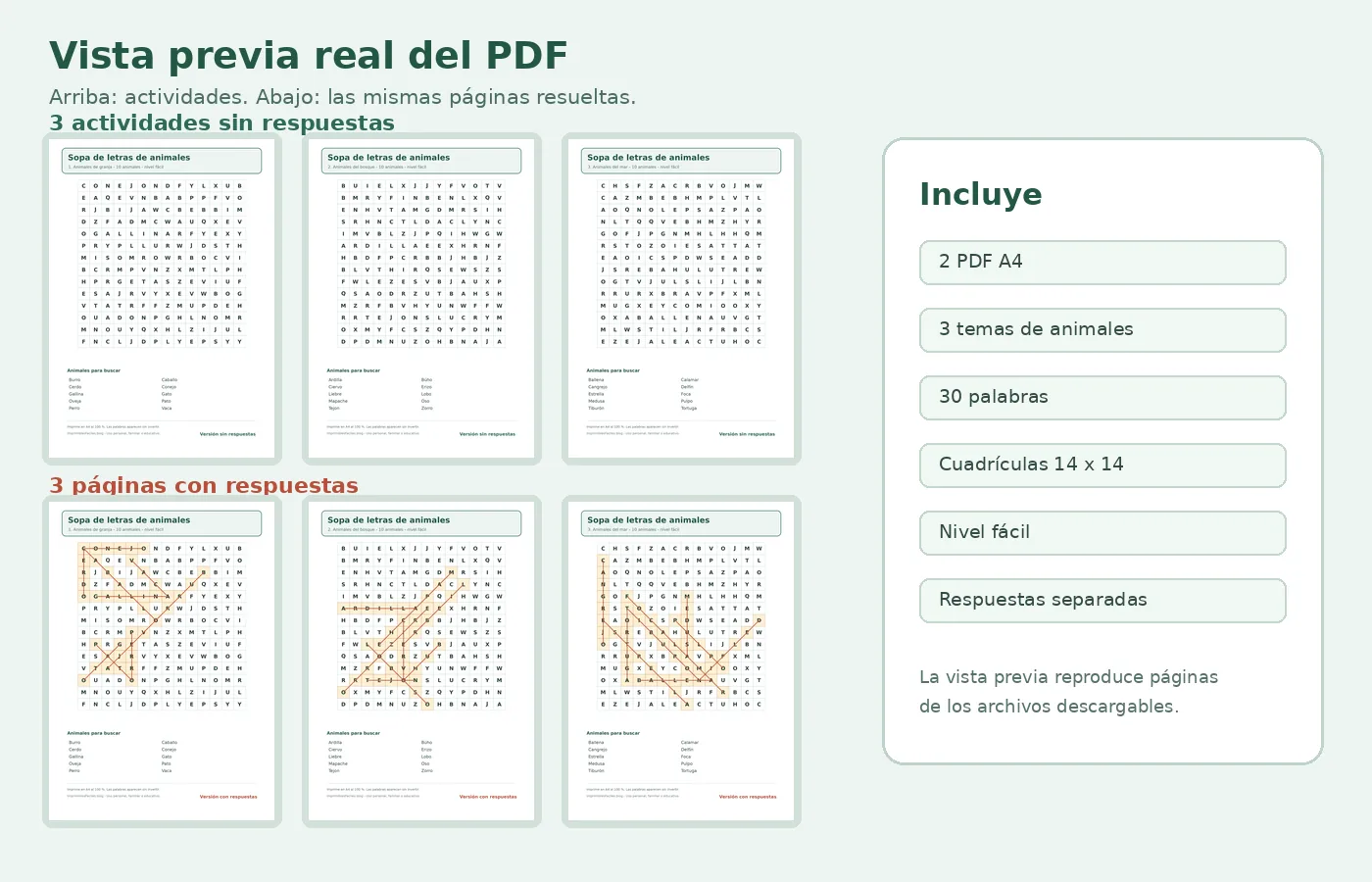 Vista previa real de las tres sopas de letras de animales y sus tres páginas de respuestas