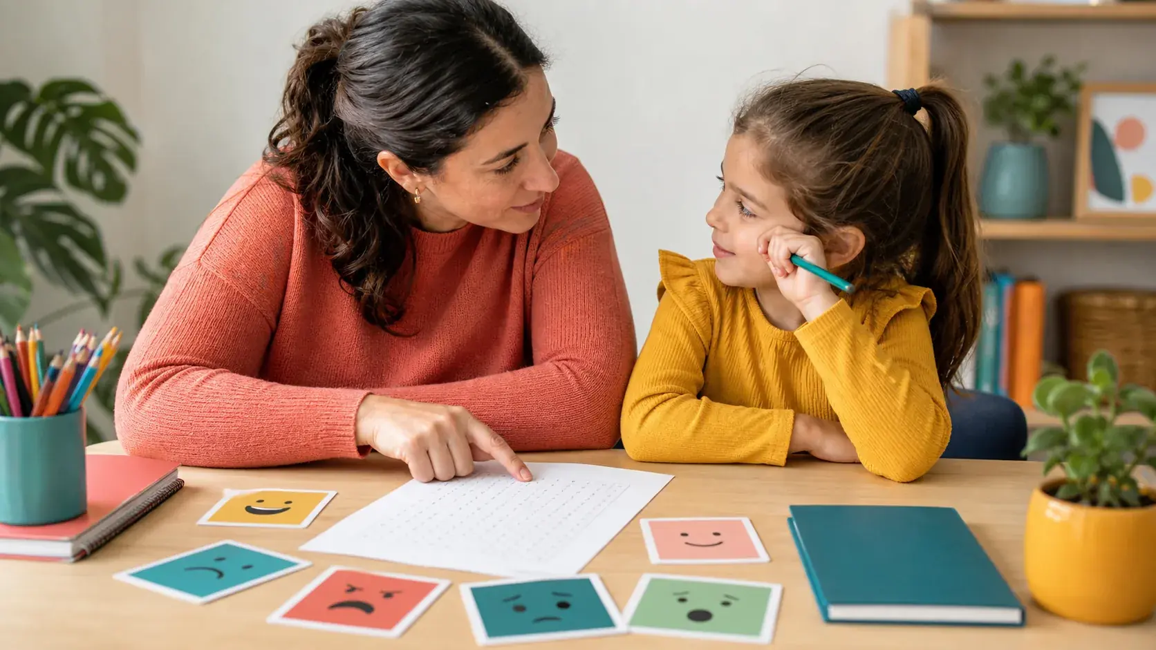 Adulto y niña conversando sobre una sopa de letras de emociones en una mesa