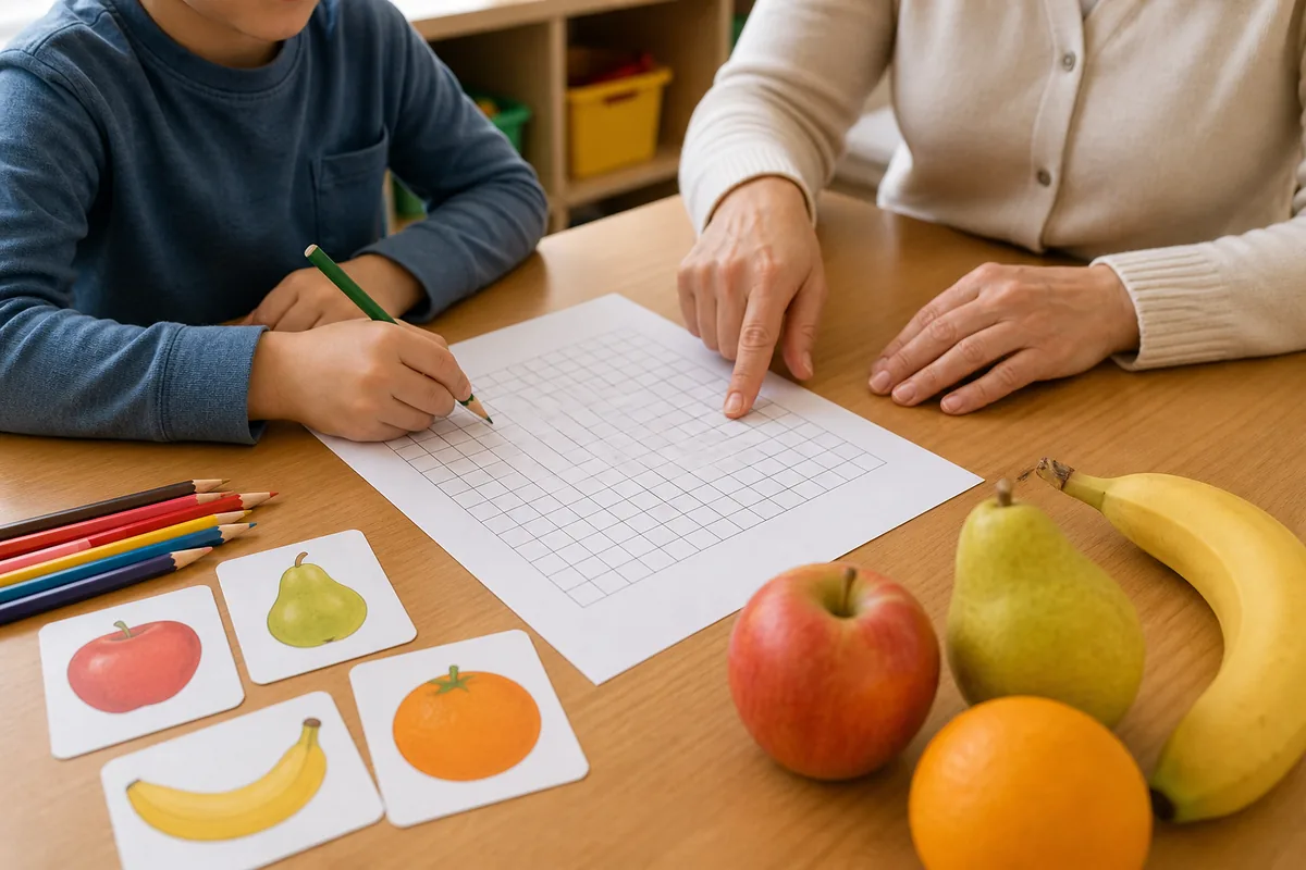 Adulto y niño resolviendo una sopa de letras de frutas junto a tarjetas y lápices de colores