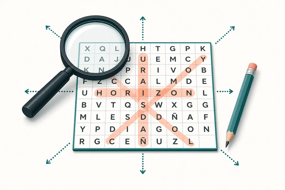 Ilustración de una lupa y ocho direcciones de búsqueda sobre una cuadrícula de letras