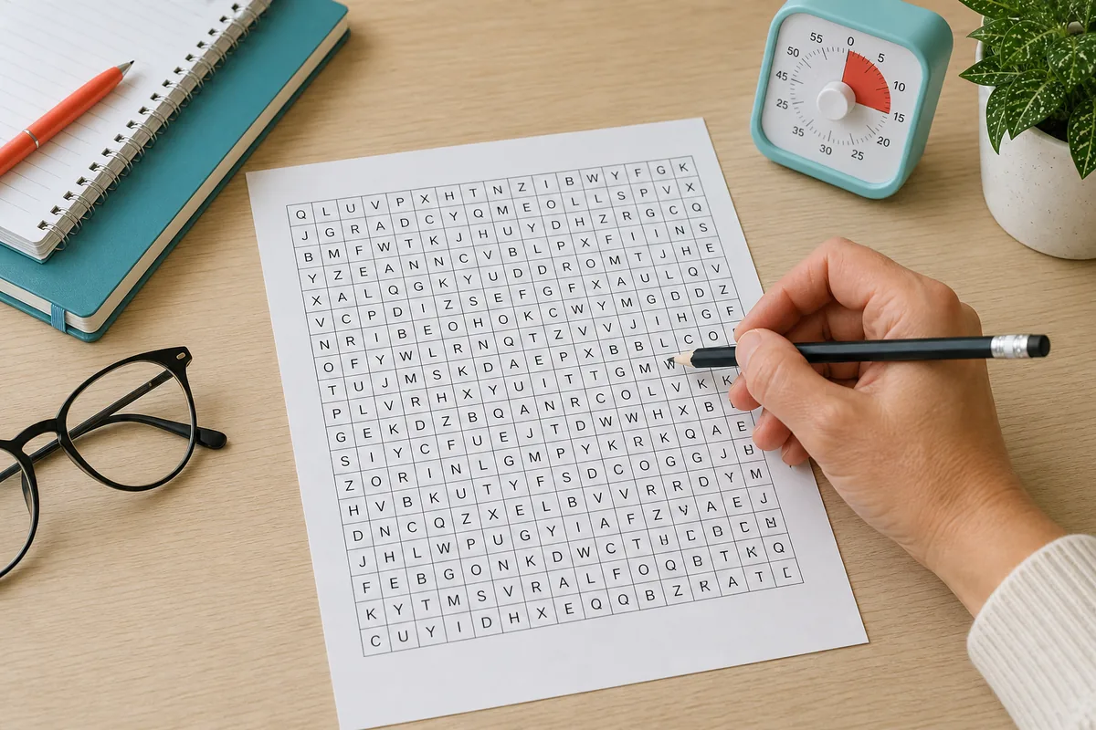 Escena de uso de una sopa de letras difícil con lápiz, reloj y gafas sobre un escritorio