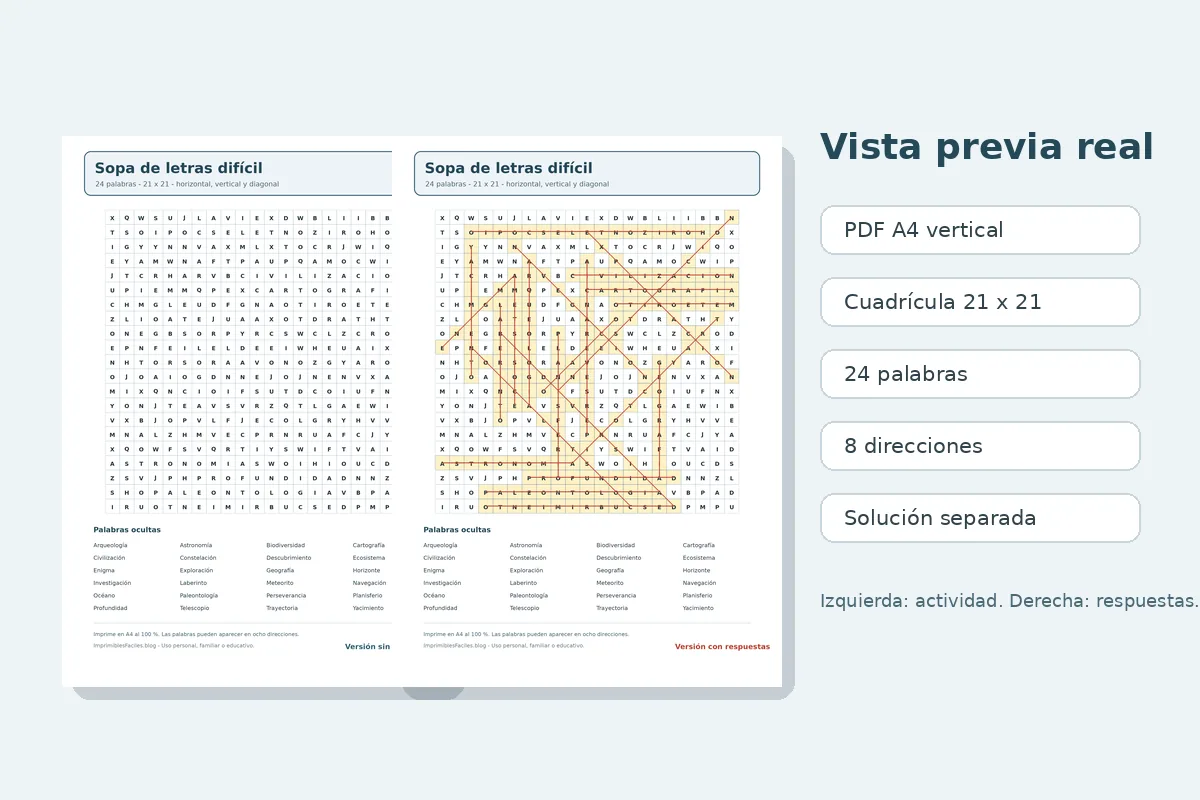 Vista previa real del PDF de sopa de letras difícil y de su hoja de respuestas