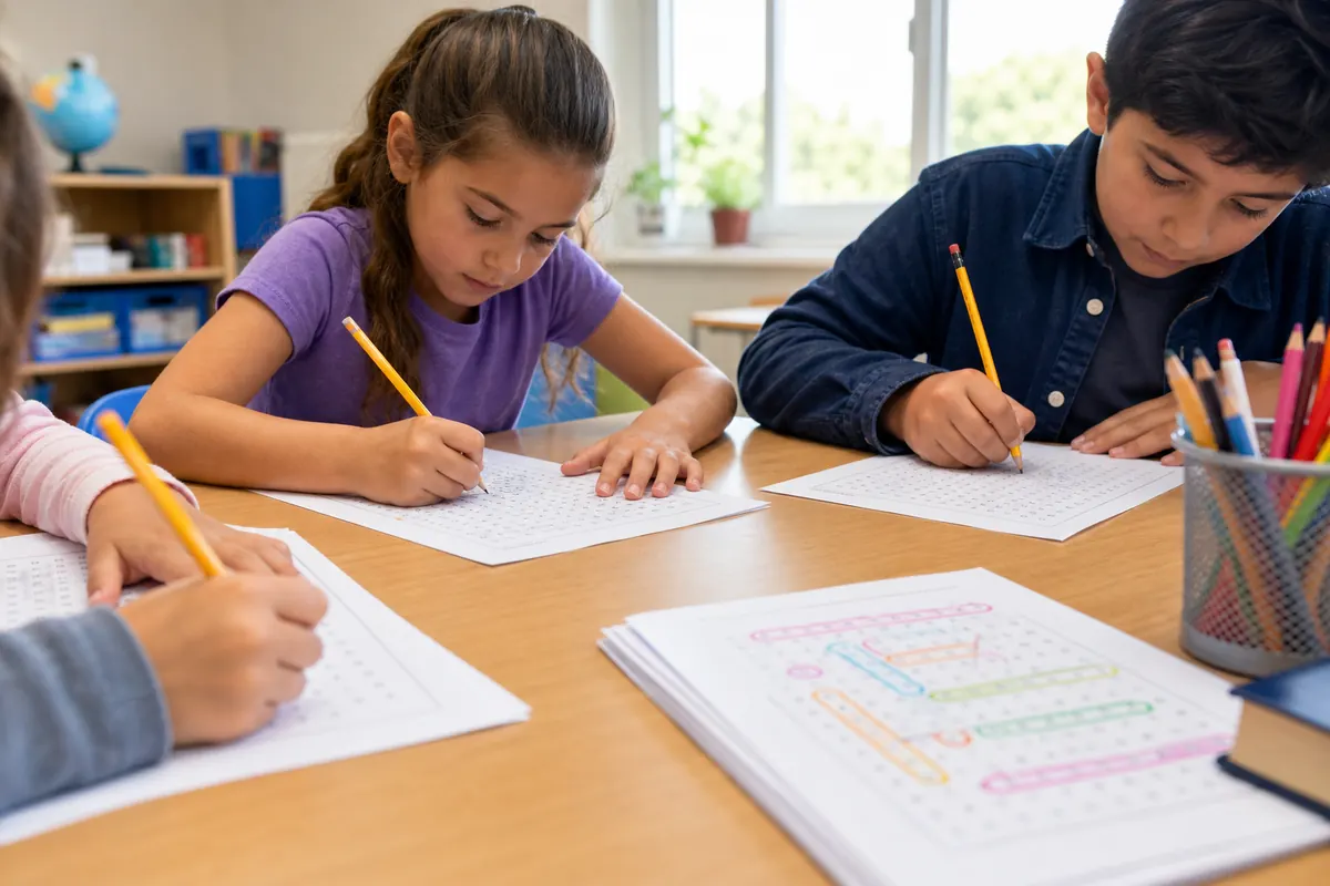 Niños resolviendo sopas de letras imprimibles en una mesa de clase