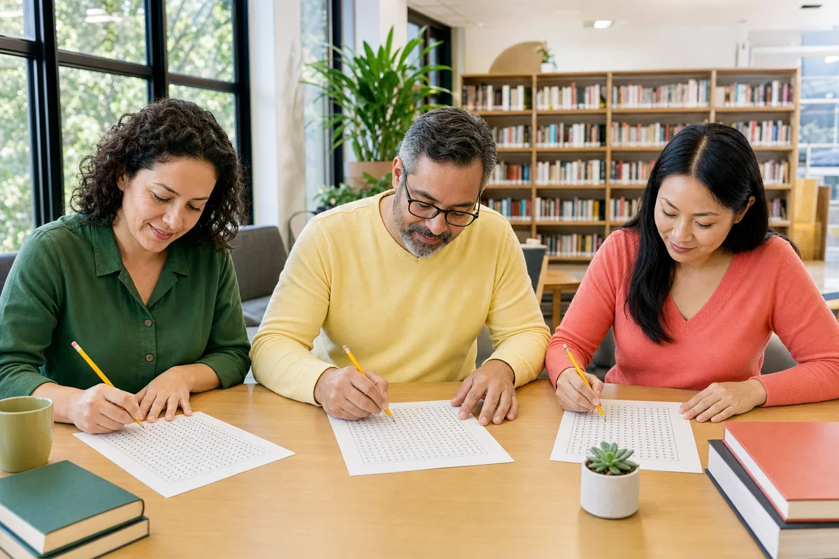 Tres personas adultas resolviendo actividades impresas en una biblioteca