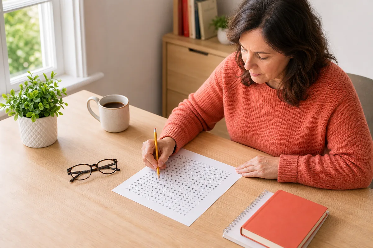 Mujer adulta resolviendo una sopa de letras impresa en una mesa luminosa