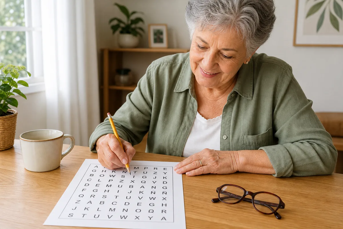 Mujer mayor resolviendo una sopa de letras de letras grandes en una mesa luminosa