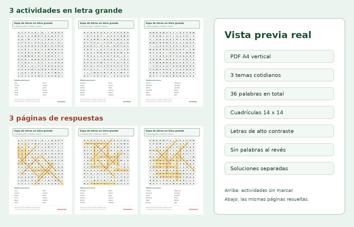 Vista previa real de tres sopas de letras en letra grande y sus páginas de respuestas