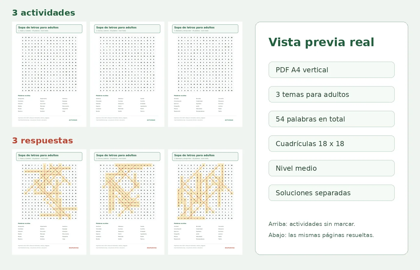 Vista previa real de las tres sopas de letras para adultos y sus tres páginas de respuestas