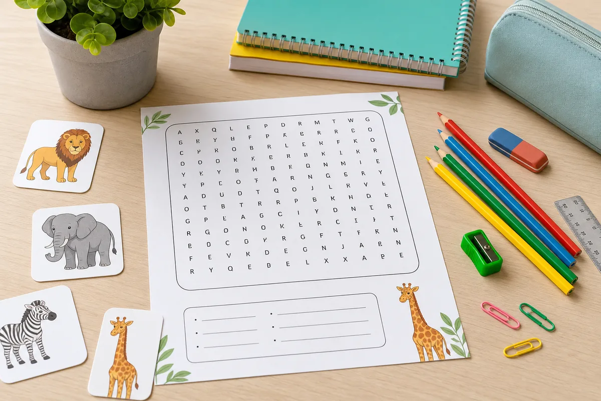 Mesa escolar con una sopa de letras infantil, lápices de colores y tarjetas de animales