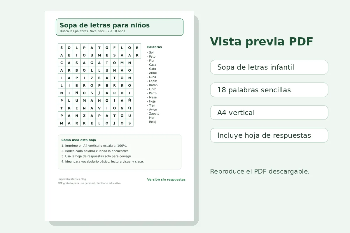 Vista previa real del PDF de sopas de letras para niños con palabras sencillas