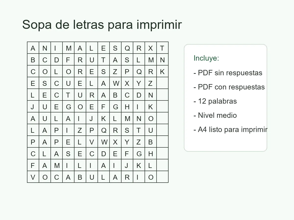 Vista previa de una sopa de letras en PDF con datos del recurso